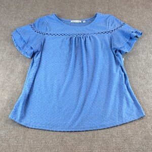 Notations Women's Pullover Eyelet Inlay Blue Flutter Short Sleeve Top Size L NWT